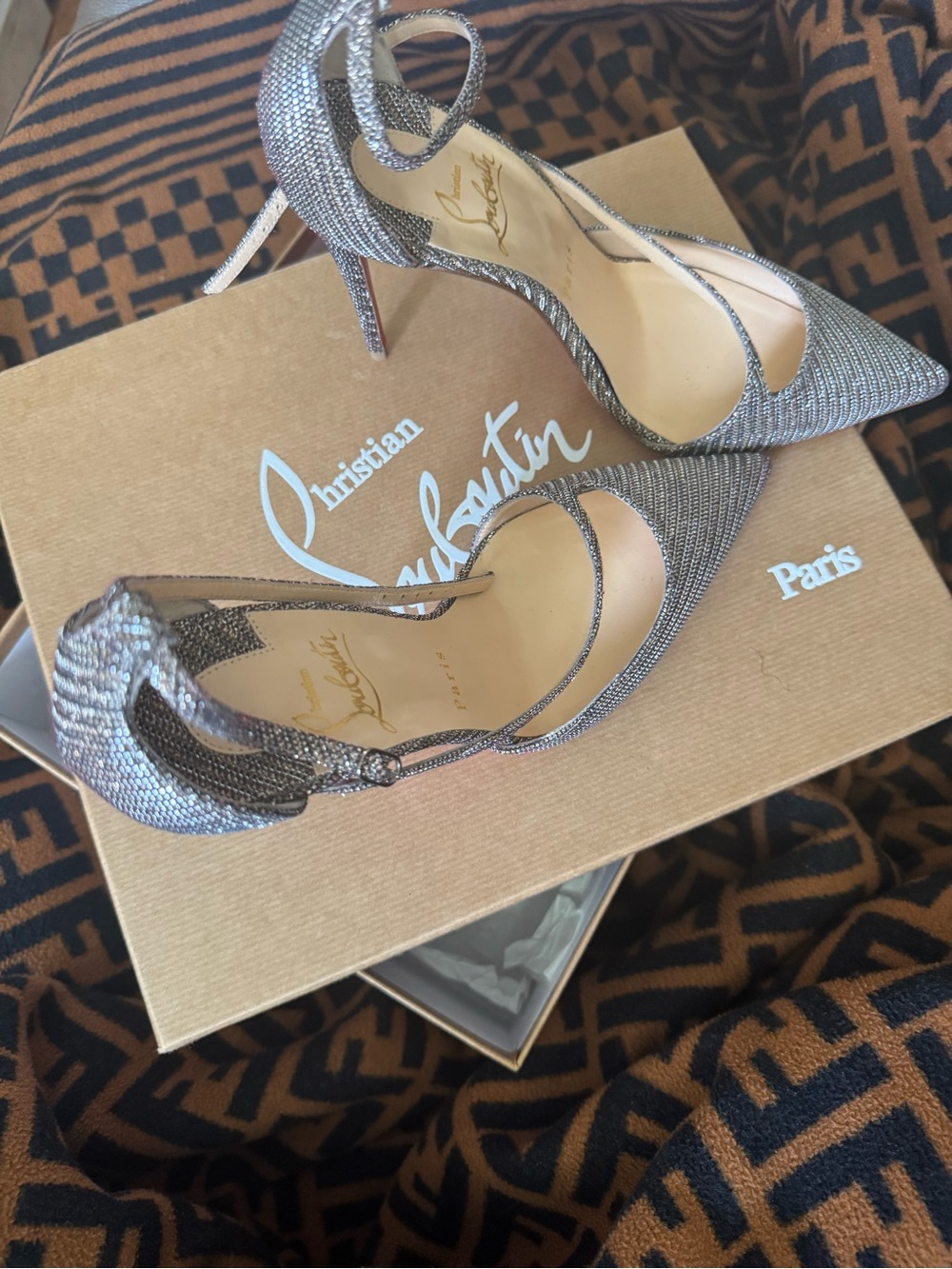Christian Louboutin Silver Fliketta 100 Glitter Pointed-Toe Pumps